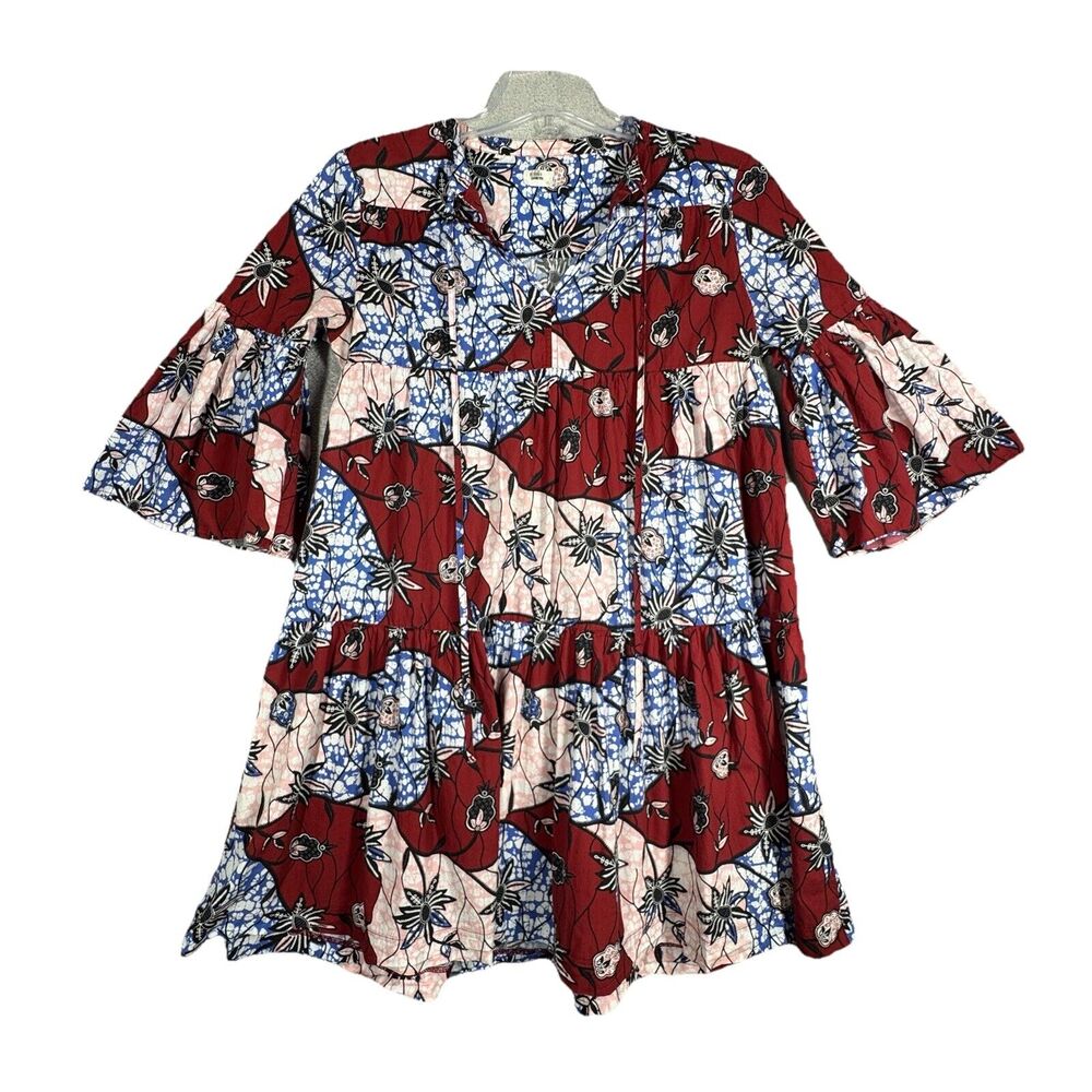 Warm NY Wax Dress Women 0 Red Blue Patchwork Floral Poetic Garden Shift Boho‎